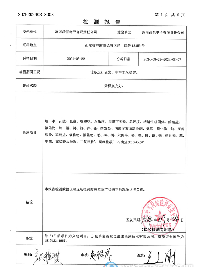 晶恒地下水檢測(cè)報(bào)告202409